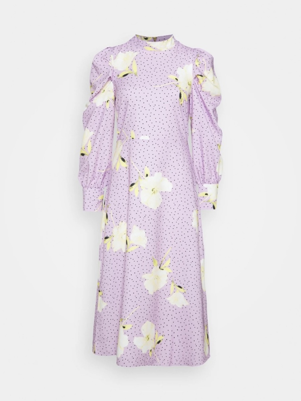 Closet London High Neck Midi Puff Sleeve Dress in Lilac Polka Dot Floral, Size 6